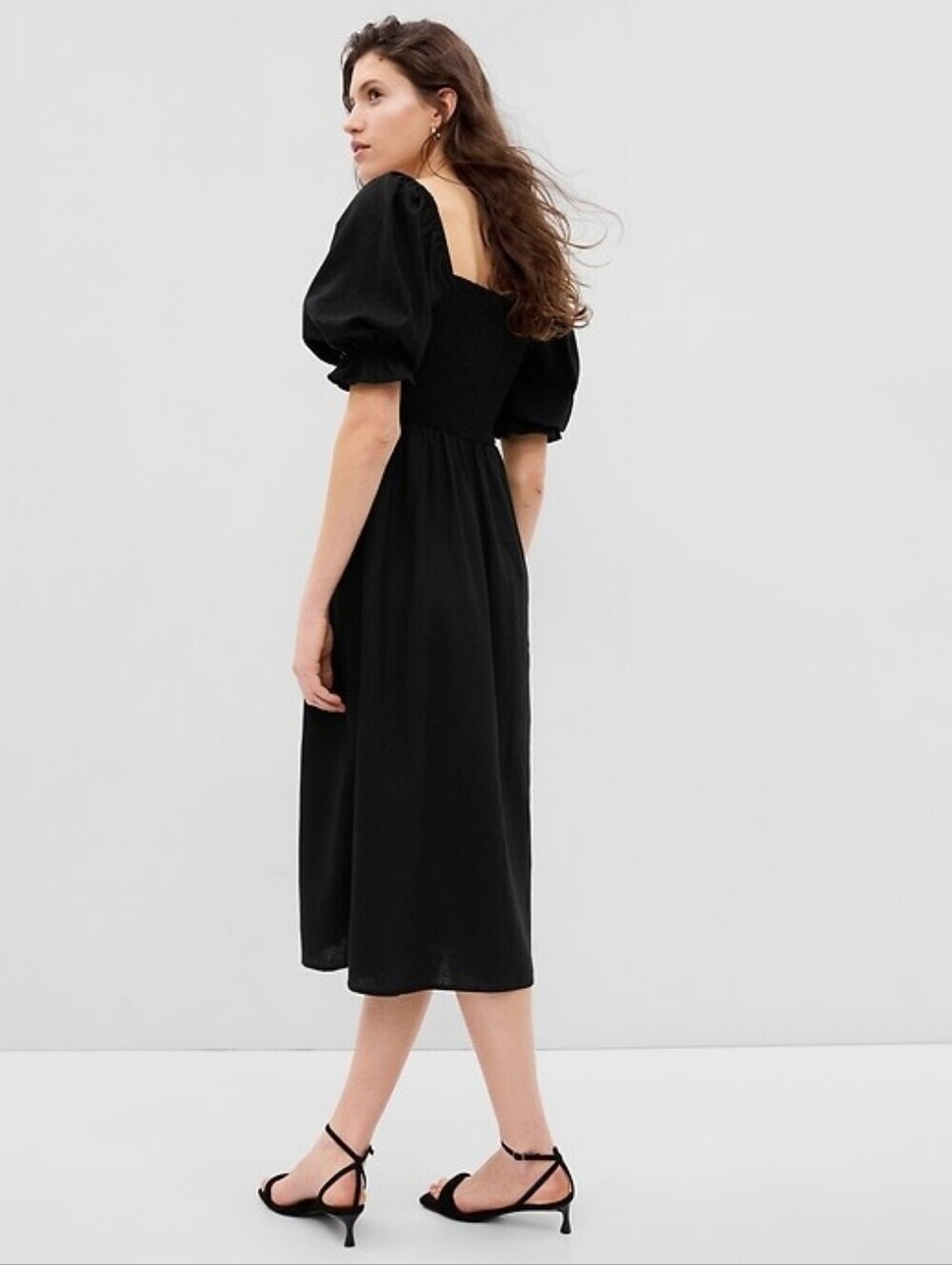 NWT Gap Puff Sleeve Midi Dress Size M Tall Linen Blend Black Smocked Bodice